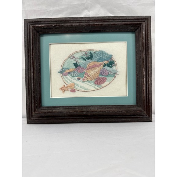Other - Framed Seashell Crewel Embroidery Art Coastal Beach Decor Nautical Home Accent